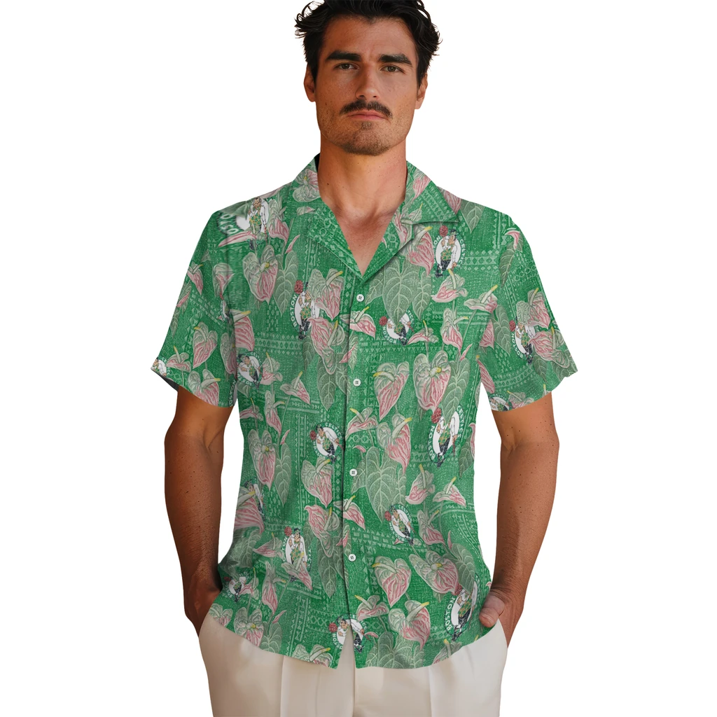 Boston Celtics Hawaiian Shirt - Anthurium Overlay boston celtics anthurium overlay green hawaiian shirts fashion forward
