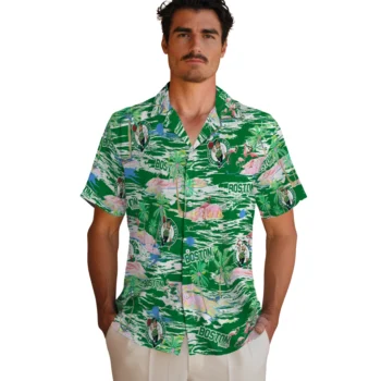 boston celtics flamingo retreat green hawaiian shirts fashion forward