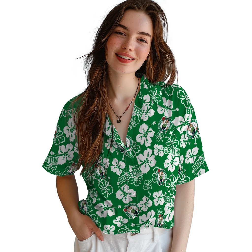 Boston Celtics Hawaiian Shirt - Hibiscus Flower Design boston celtics hibiscus bloom green hawaiian shirts latest model