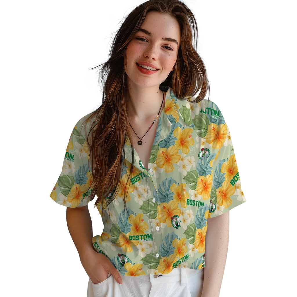 Boston Celtics Hawaiian Shirt - Hibiscus Mood boston celtics hibiscus mood pale lime yellow hawaiian shirts latest model
