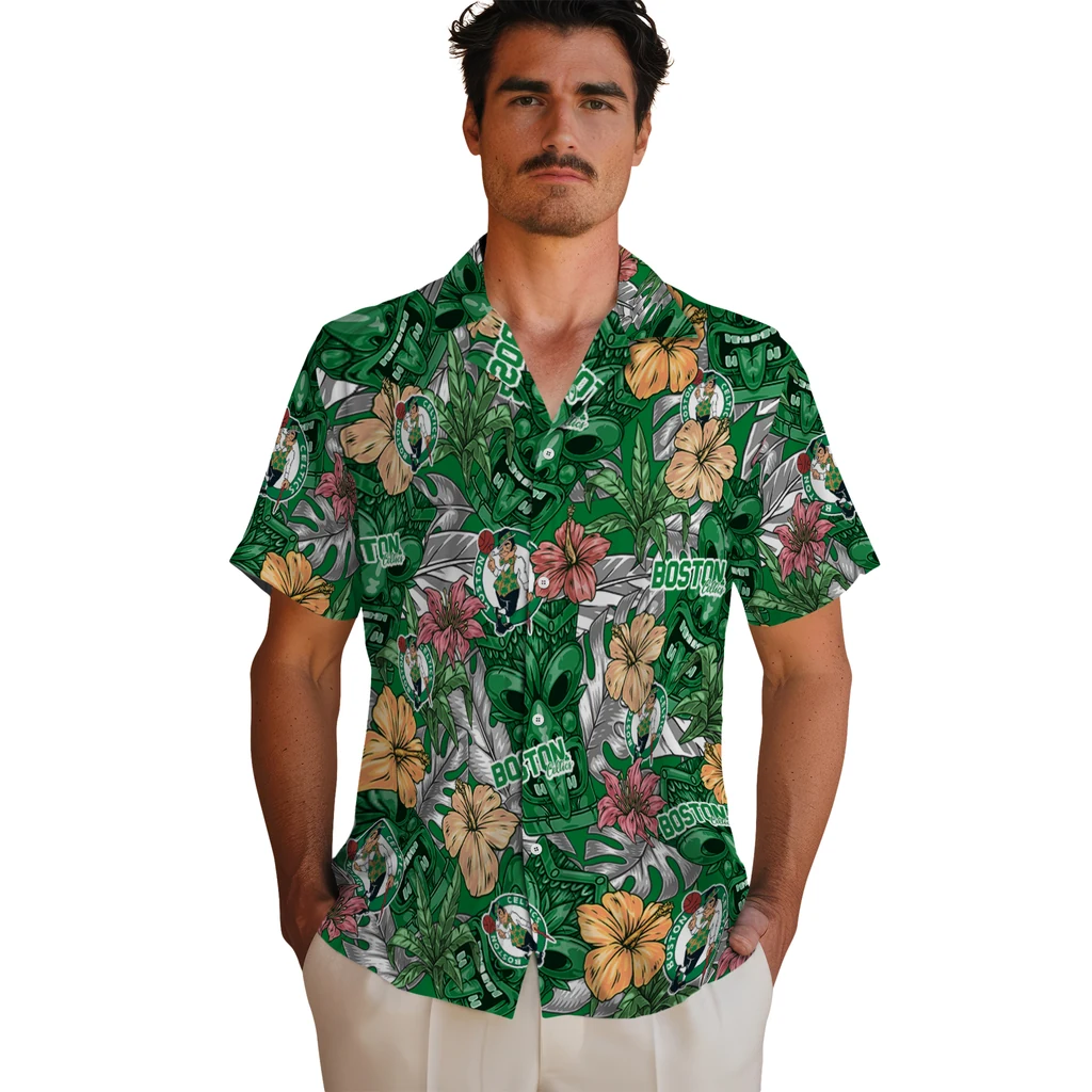Boston Celtics Hawaiian Shirt - Hibiscus Tiki Jungle boston celtics tiki jungle green hawaiian shirts fashion forward