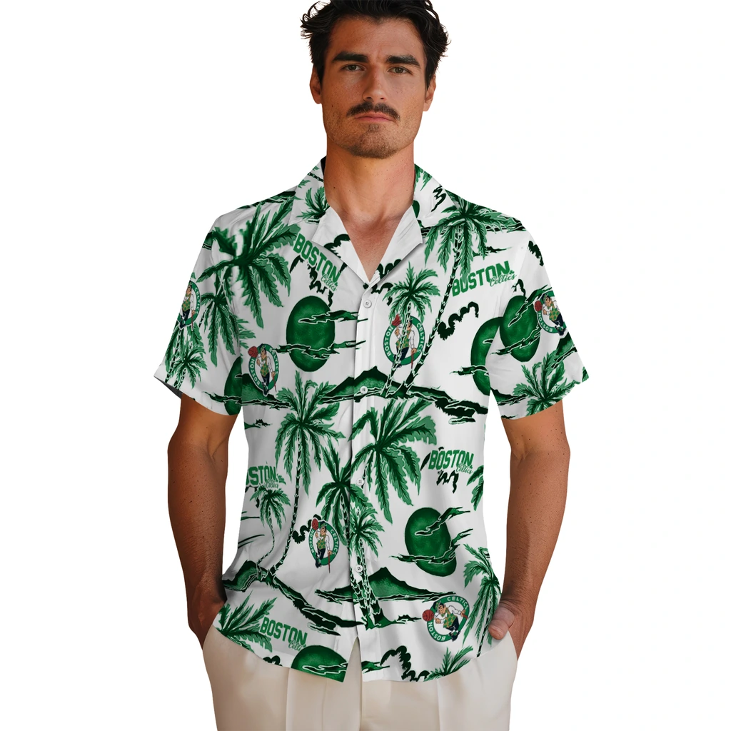 Boston Celtics Hawaiian Shirt - Palm Sunset boston celtics palm sunset hawaiian shirts fashion forward