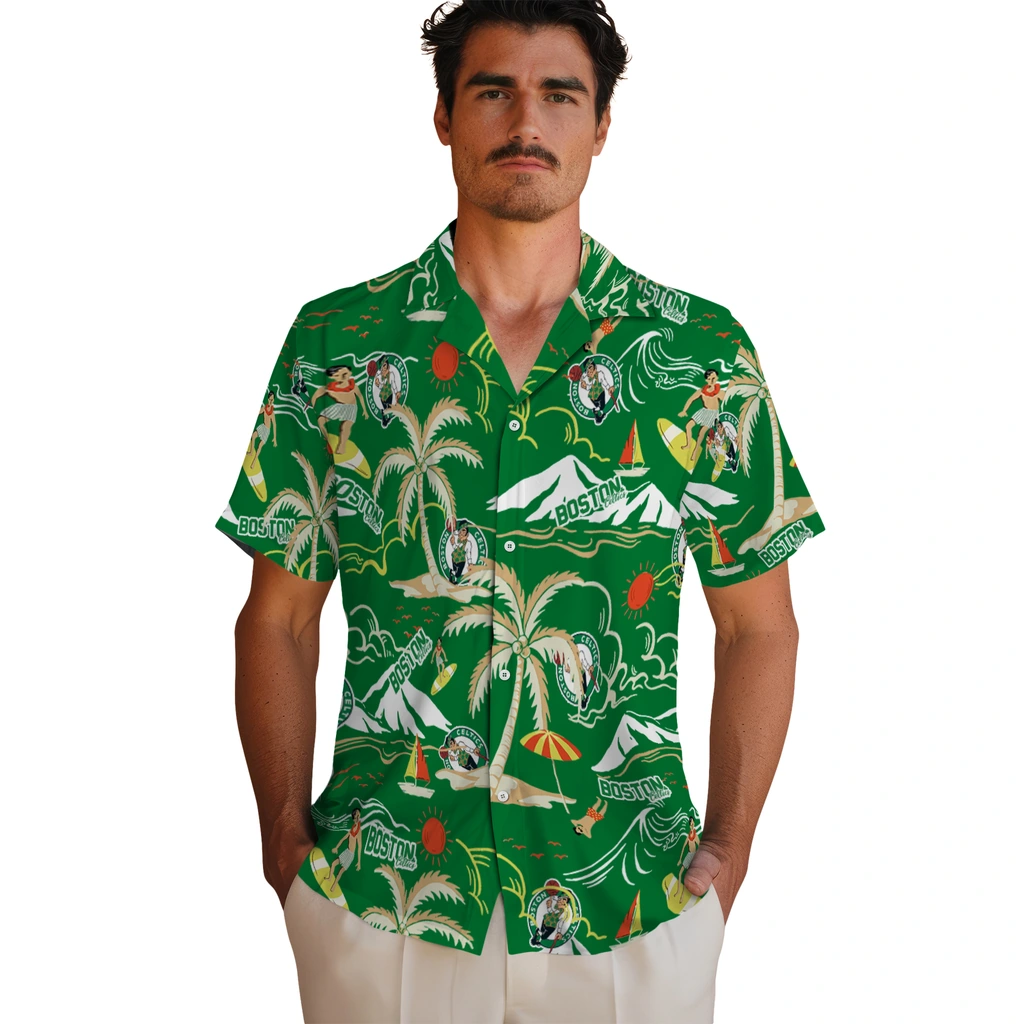 Boston Celtics Hawaiian Shirt - Palm Tree Island boston celtics palm tree island green hawaiian shirts fashion forward