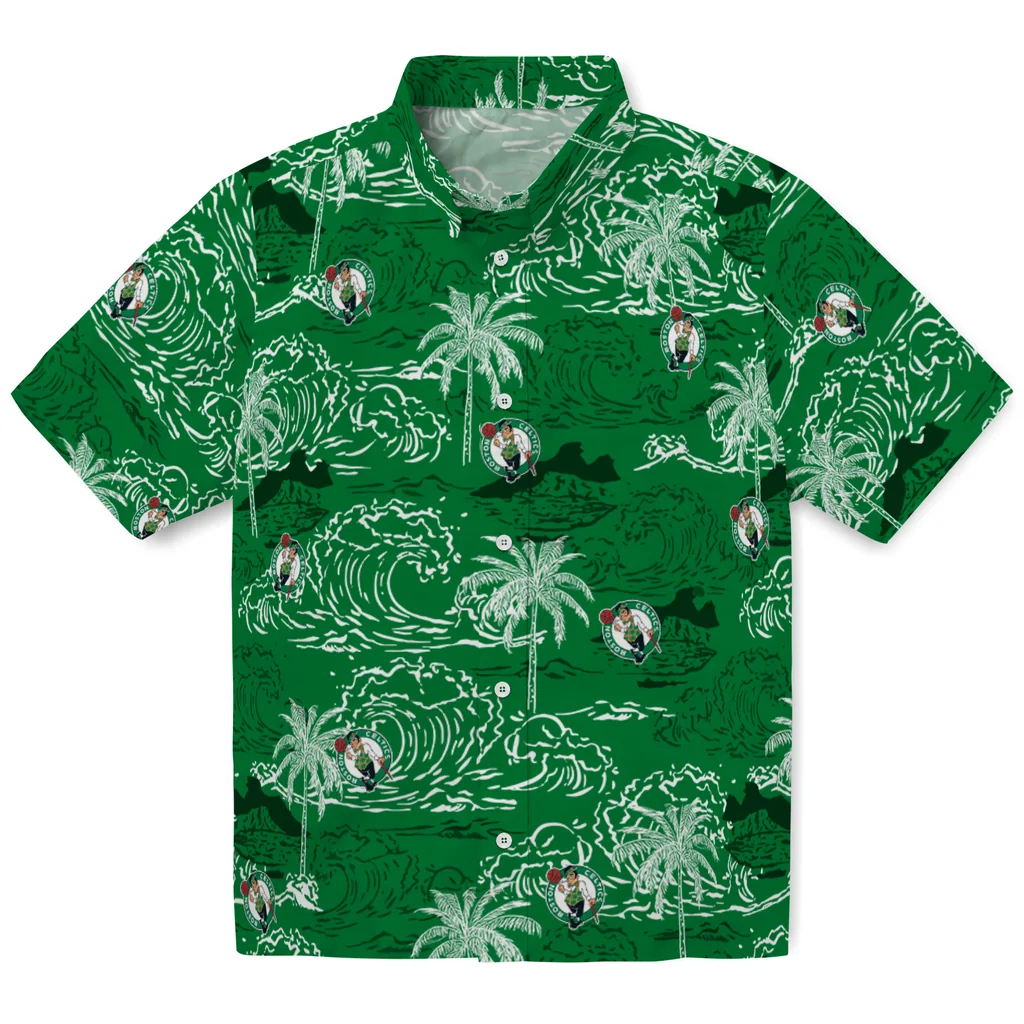 Boston Celtics Hawaiian Shirt - Wave Palm boston celtics wave palm green hawaiian shirts best selling