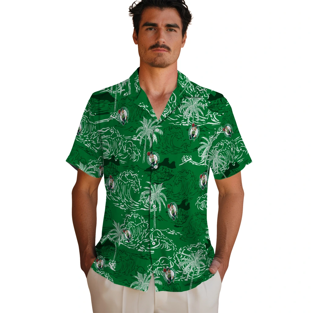 Boston Celtics Hawaiian Shirt - Wave Palm boston celtics wave palm green hawaiian shirts fashion forward