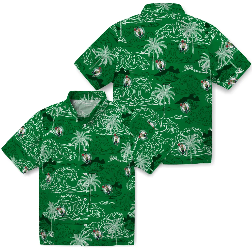Boston Celtics Hawaiian Shirt - Wave Palm boston celtics wave palm green hawaiian shirts high quality
