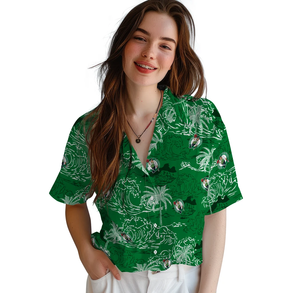 Boston Celtics Hawaiian Shirt - Wave Palm boston celtics wave palm green hawaiian shirts latest model