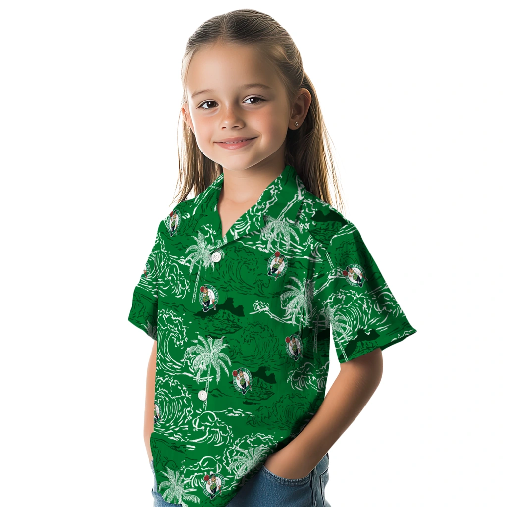 Boston Celtics Hawaiian Shirt - Wave Palm boston celtics wave palm green hawaiian shirts premium grade