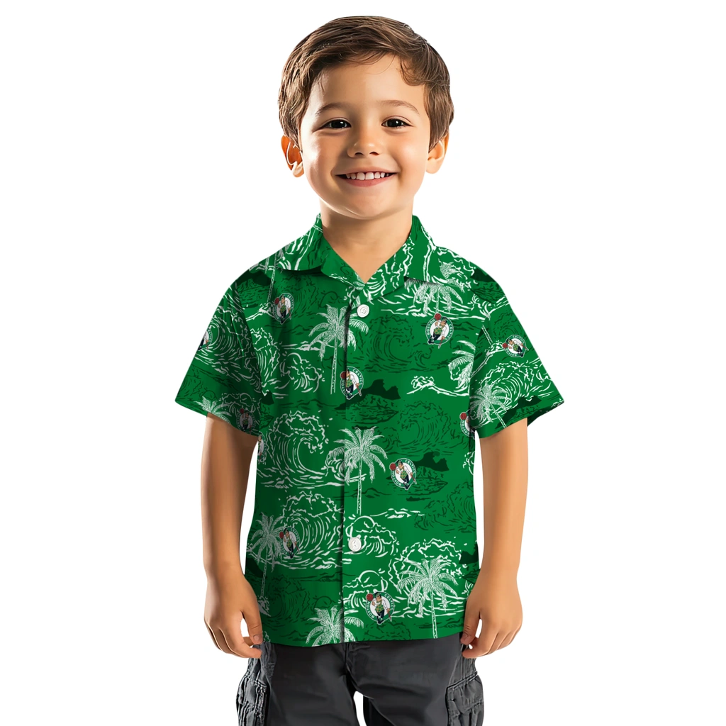 Boston Celtics Hawaiian Shirt - Wave Palm boston celtics wave palm green hawaiian shirts top rated