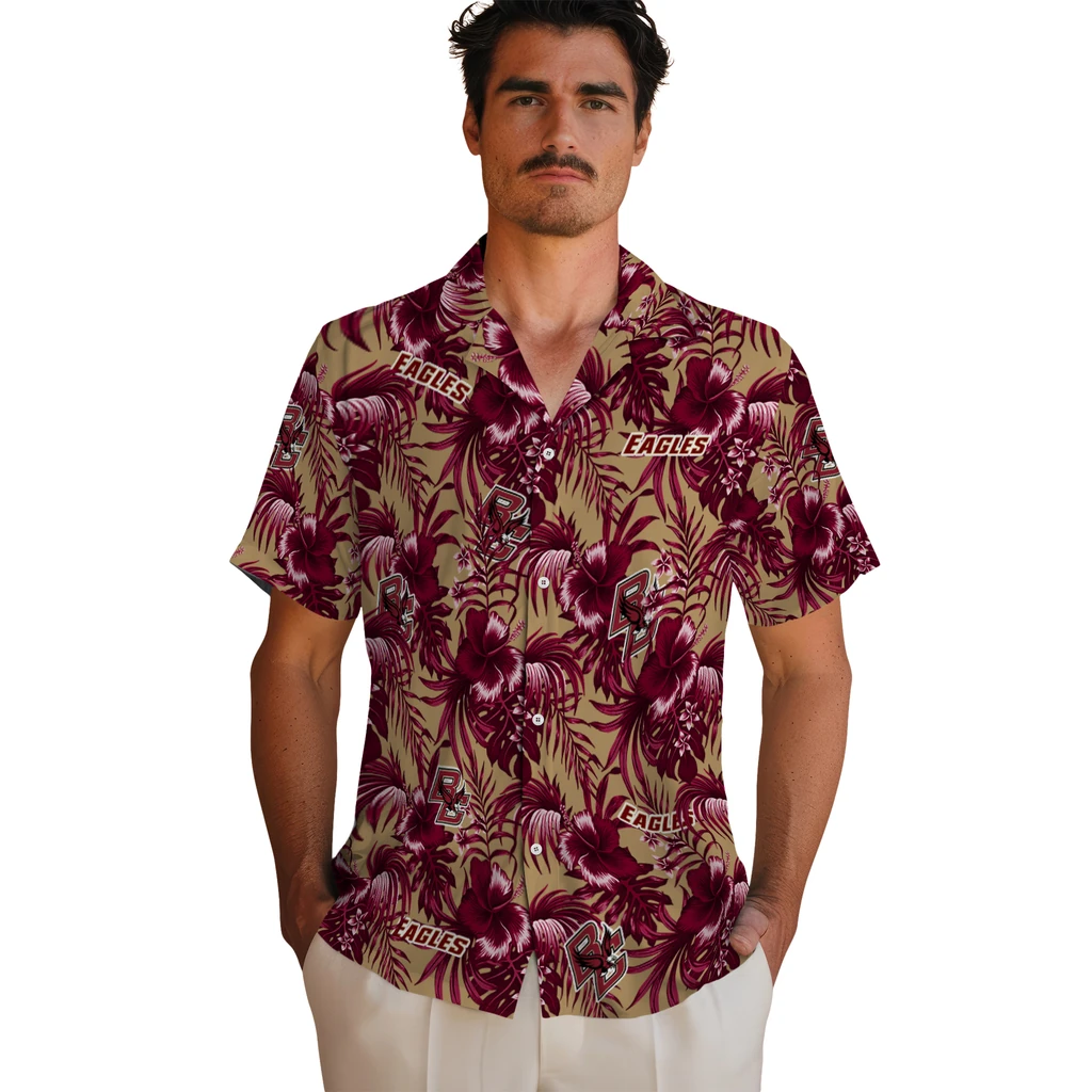 Boston College Eagles Hawaiian Shirt - Hibiscus Exotic boston college eagles hibiscus exotic maroon hawaiian shirts fashion forward