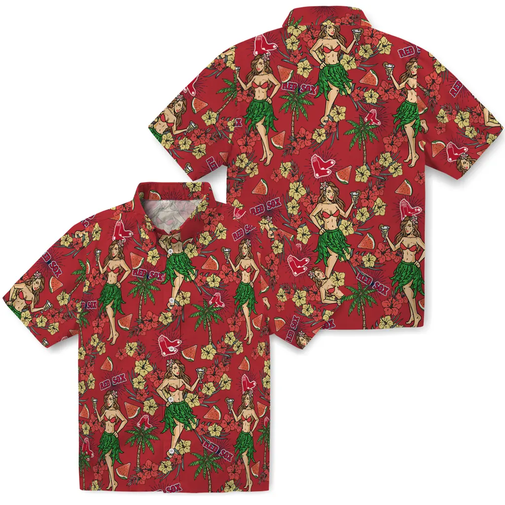 Boston Red Sox Hawaiian Shirt - Hawaiian Girls Design boston red sox hawaiian girls design red hawaiian shirts high quality
