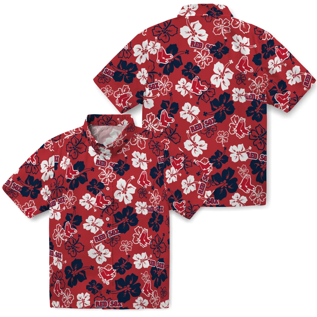 Boston Red Sox Hawaiian Shirt - Hibiscus Flower Design boston red sox hibiscus bloom red hawaiian shirts high quality