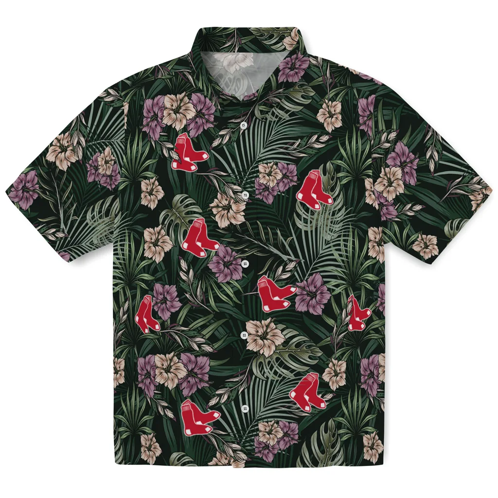 Boston Red Sox Hawaiian Shirt - Hibiscus Leaves Pattern boston red sox hibiscus leaves pattern green hawaiian shirts best selling