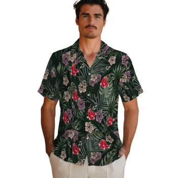 boston red sox hibiscus leaves pattern green hawaiian shirts fashion forward