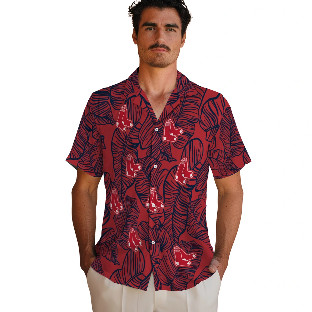 Boston Red Sox Hawaiian Shirt - Leaf Outline boston red sox leaf outline red hawaiian shirts fashion forward
