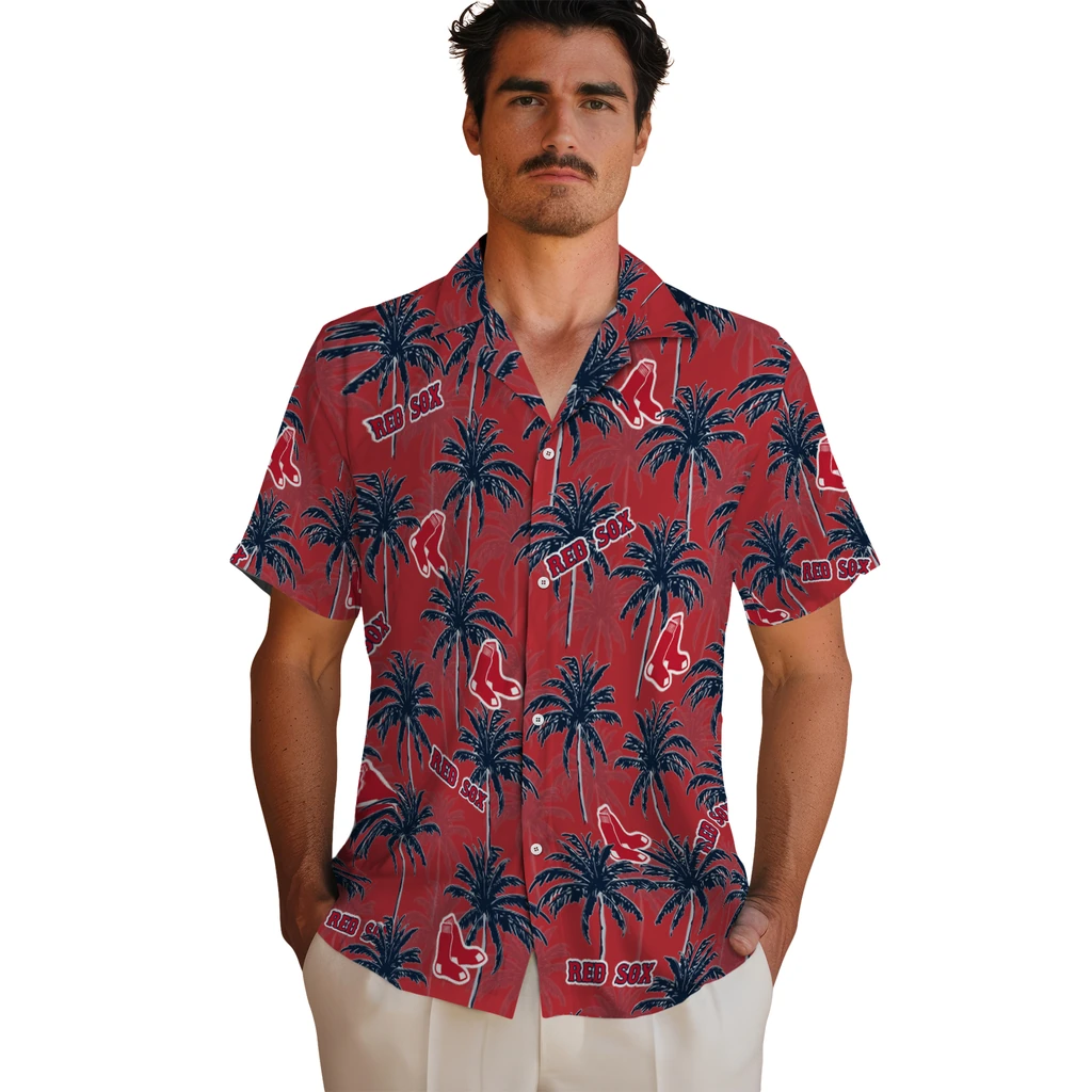 Boston Red Sox Hawaiian Shirt - Palm Tree Motif boston red sox palm grove red hawaiian shirts fashion forward