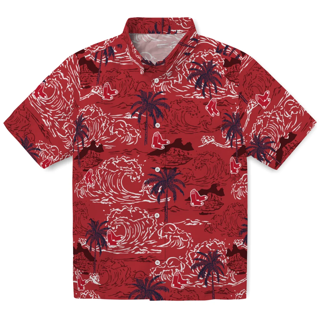 Boston Red Sox Hawaiian Shirt - Wave Palm boston red sox wave palm red hawaiian shirts best selling
