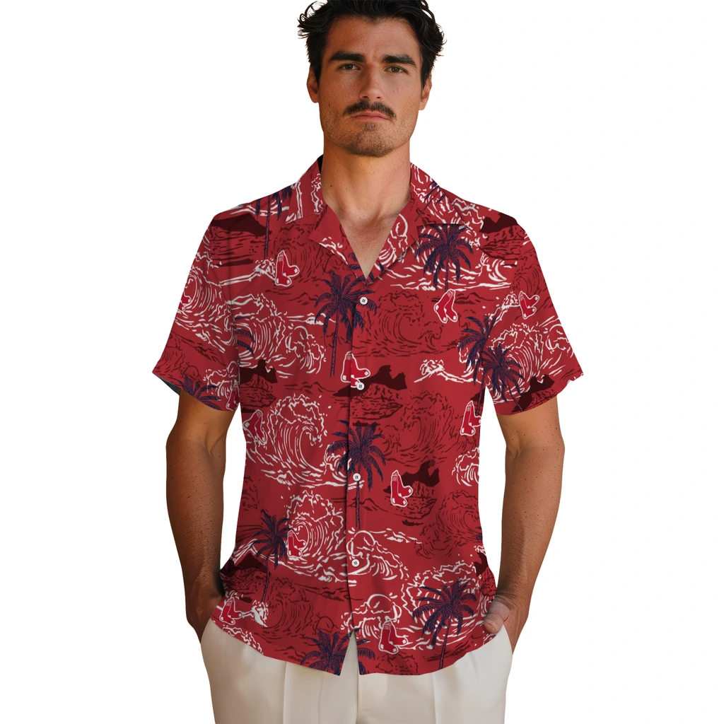 Boston Red Sox Hawaiian Shirt - Wave Palm boston red sox wave palm red hawaiian shirts fashion forward