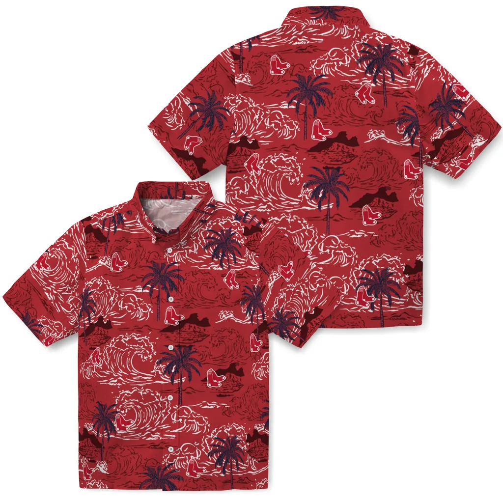 Boston Red Sox Hawaiian Shirt - Wave Palm boston red sox wave palm red hawaiian shirts high quality