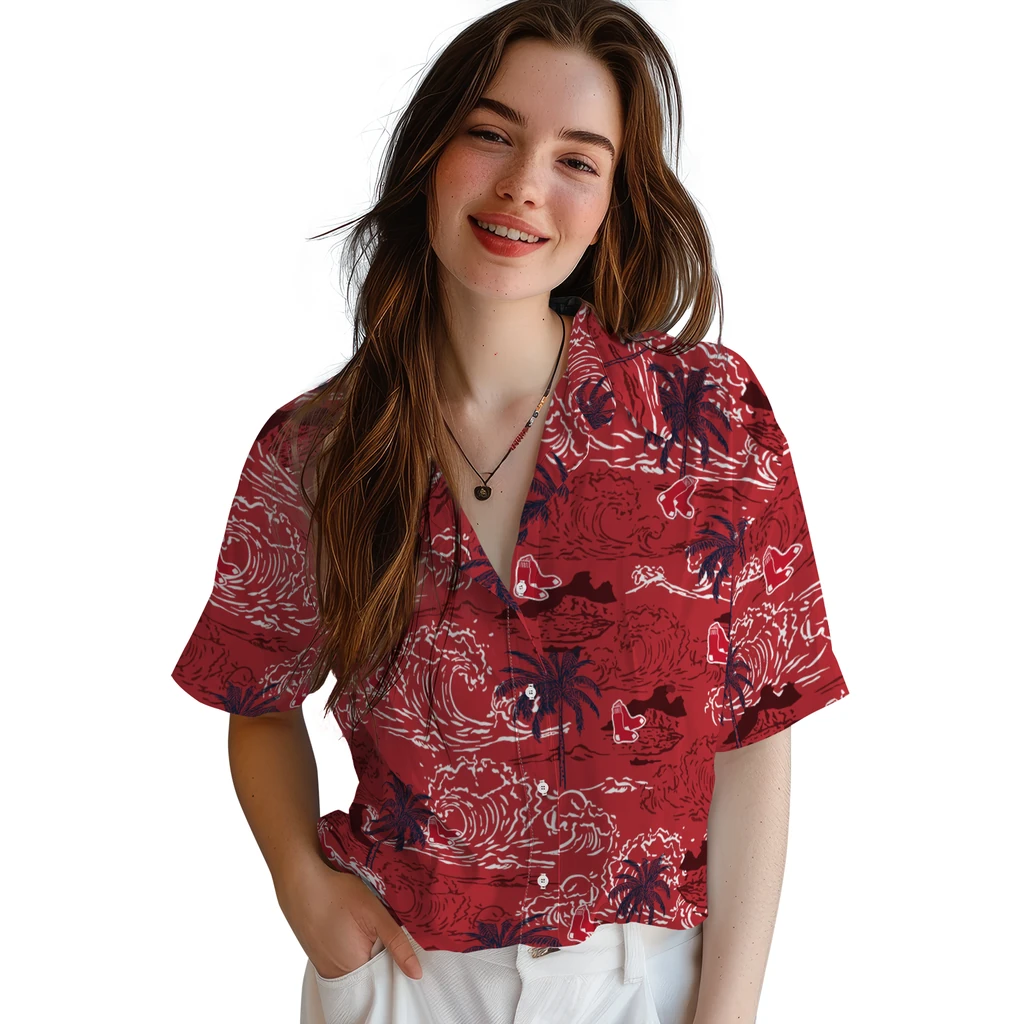 Boston Red Sox Hawaiian Shirt - Wave Palm boston red sox wave palm red hawaiian shirts latest model