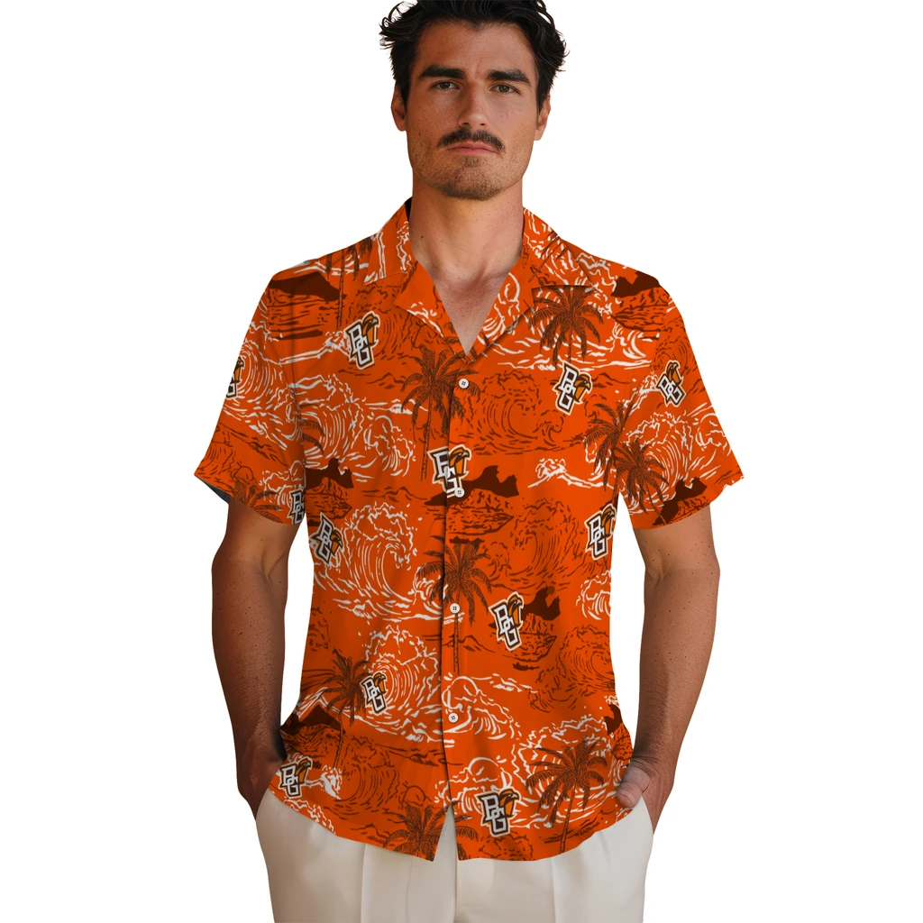 Bowling Green Falcons Hawaiian Shirt - Wave Palm bowling green falcons wave palm orange hawaiian shirts fashion forward