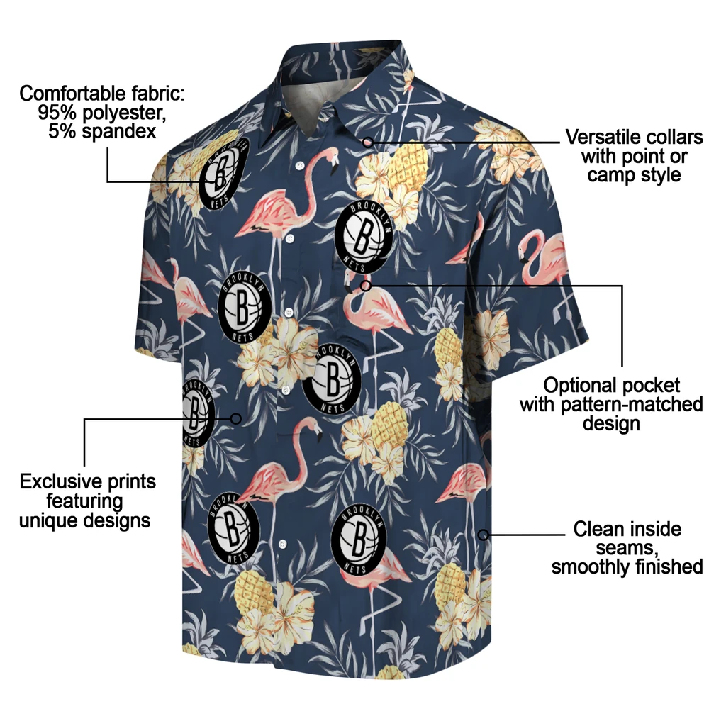 Brooklyn Nets Hawaiian Shirt - Flamingo Hibiscus brooklyn nets flamingo hibiscus navy hawaiian shirts new arrival