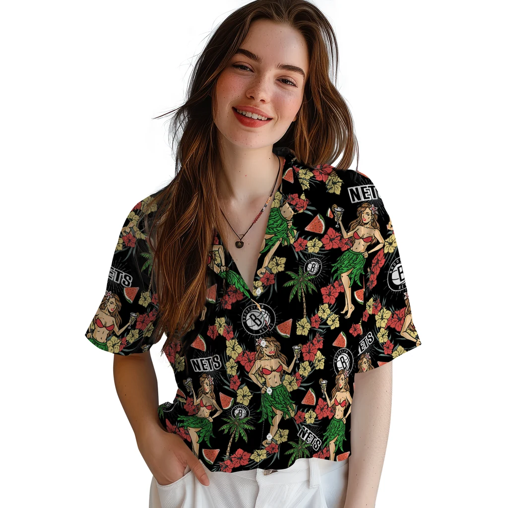 Brooklyn Nets Hawaiian Shirt - Hawaiian Girls Design brooklyn nets hawaiian girls design black hawaiian shirts latest model