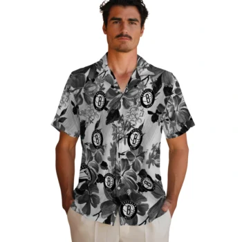 brooklyn nets hibiscus arrangement black hawaiian shirts fashion forward