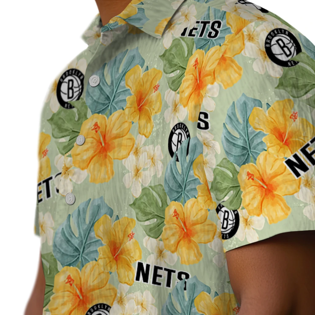 Brooklyn Nets Hawaiian Shirt - Hibiscus Mood brooklyn nets hibiscus mood pale lime yellow hawaiian shirts trendy