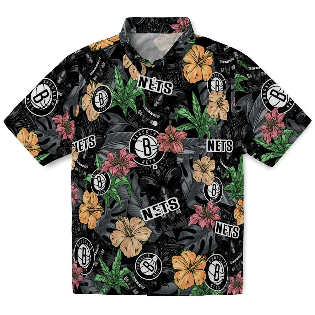 Brooklyn Nets Hawaiian Shirt - Hibiscus Tiki Jungle brooklyn nets tiki jungle black hawaiian shirts best selling