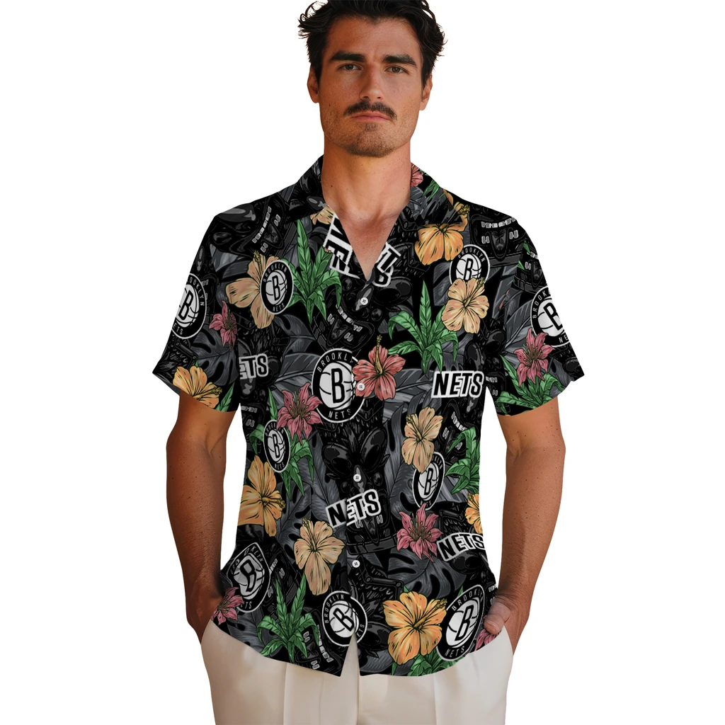 Brooklyn Nets Hawaiian Shirt - Hibiscus Tiki Jungle brooklyn nets tiki jungle black hawaiian shirts fashion forward