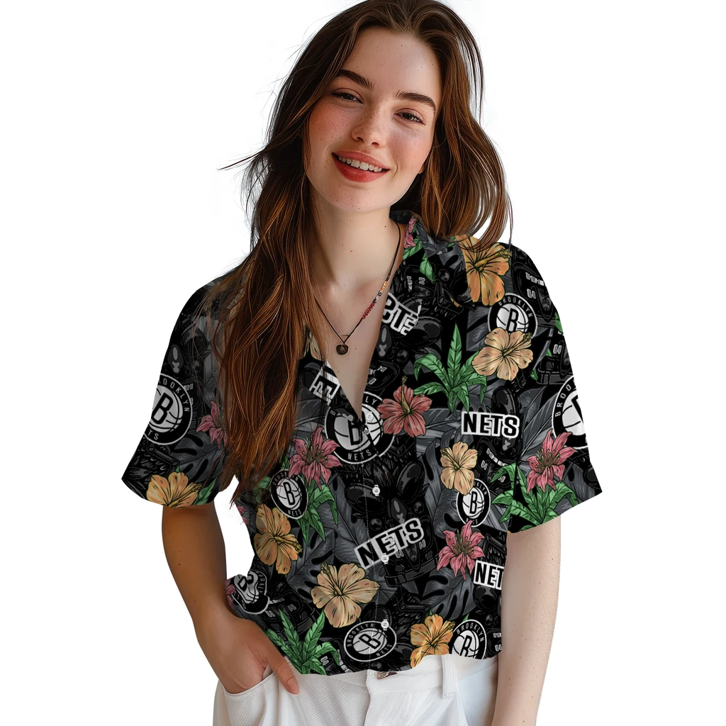Brooklyn Nets Hawaiian Shirt - Hibiscus Tiki Jungle brooklyn nets tiki jungle black hawaiian shirts latest model
