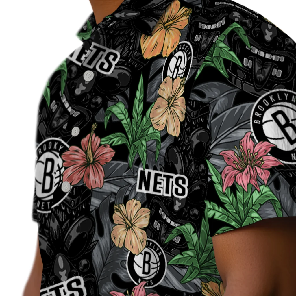 Brooklyn Nets Hawaiian Shirt - Hibiscus Tiki Jungle brooklyn nets tiki jungle black hawaiian shirts trendy