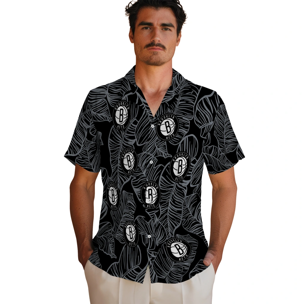 Brooklyn Nets Hawaiian Shirt - Leaf Outline brooklyn nets leaf outline black hawaiian shirts fashion forward