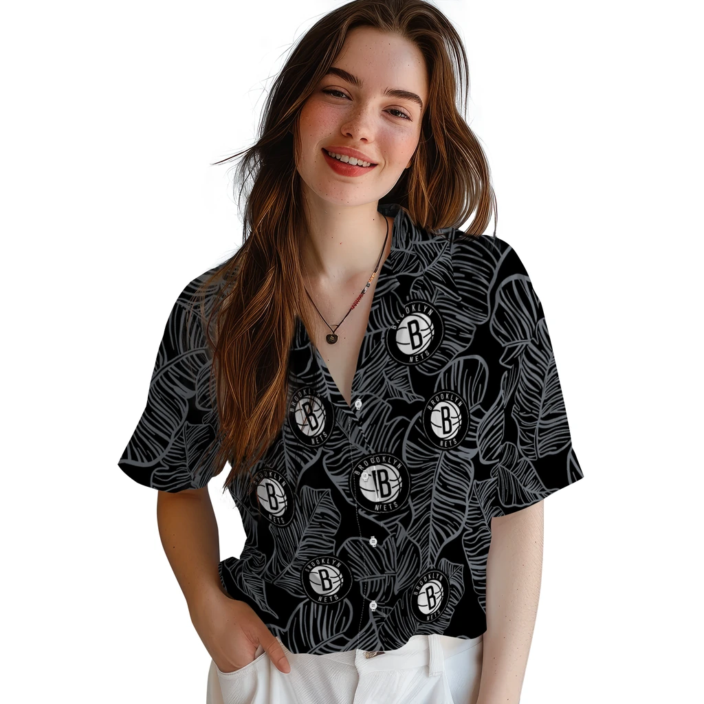 Brooklyn Nets Hawaiian Shirt - Leaf Outline brooklyn nets leaf outline black hawaiian shirts latest model