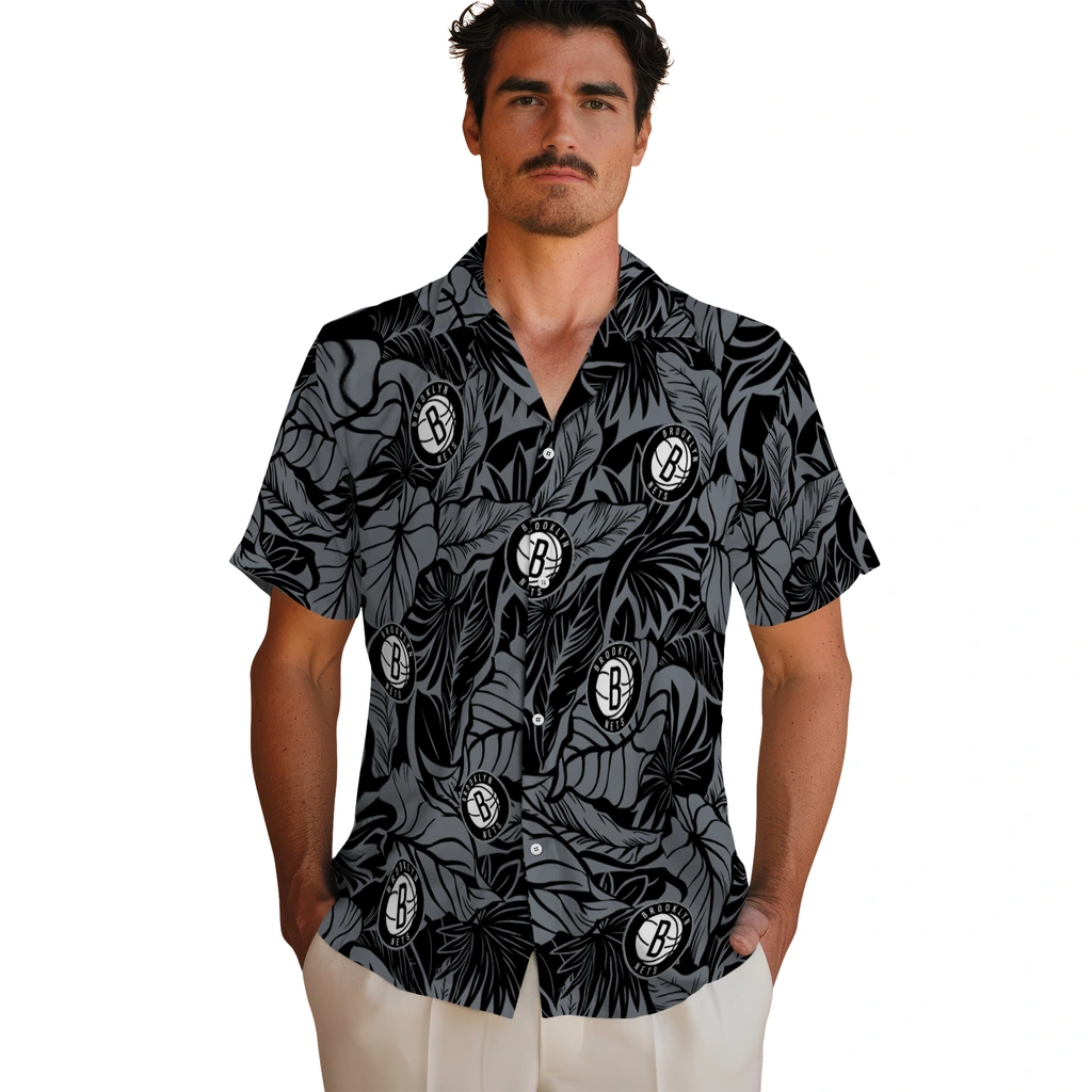 Brooklyn Nets Hawaiian Shirt - Monstera Layer brooklyn nets monstera layer black hawaiian shirts fashion forward