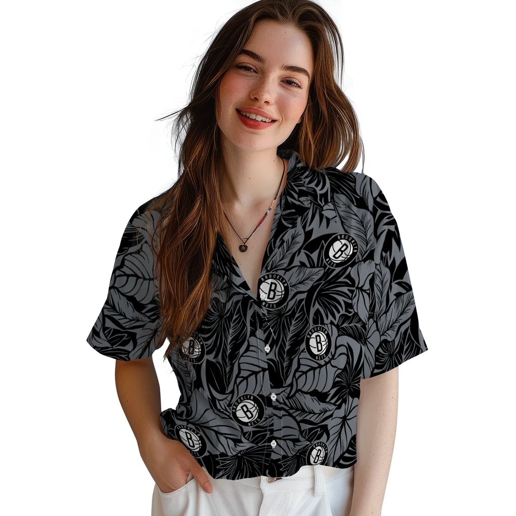 Brooklyn Nets Hawaiian Shirt - Monstera Layer brooklyn nets monstera layer black hawaiian shirts latest model