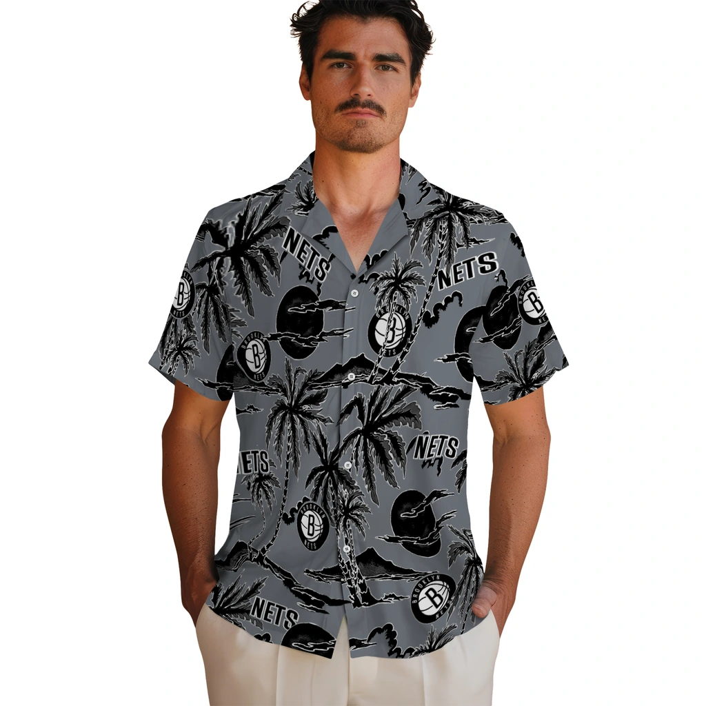 Brooklyn Nets Hawaiian Shirt - Palm Sunset brooklyn nets palm sunset hawaiian shirts fashion forward