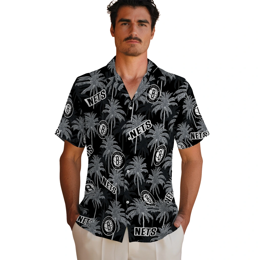 Brooklyn Nets Hawaiian Shirt - Palm Tree Motif brooklyn nets palm grove black hawaiian shirts fashion forward