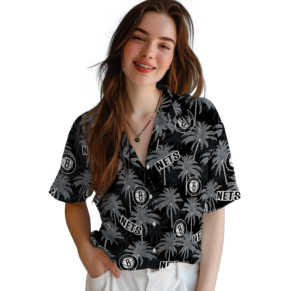 Brooklyn Nets Hawaiian Shirt - Palm Tree Motif brooklyn nets palm grove black hawaiian shirts latest model