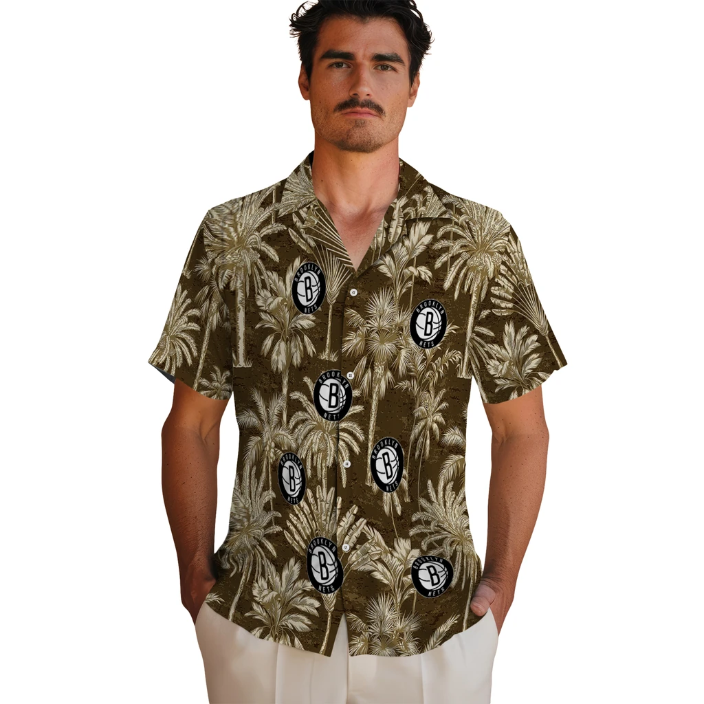 Brooklyn Nets Hawaiian Shirt - Vintage Palm Tree brooklyn nets palm shadows black hawaiian shirts fashion forward