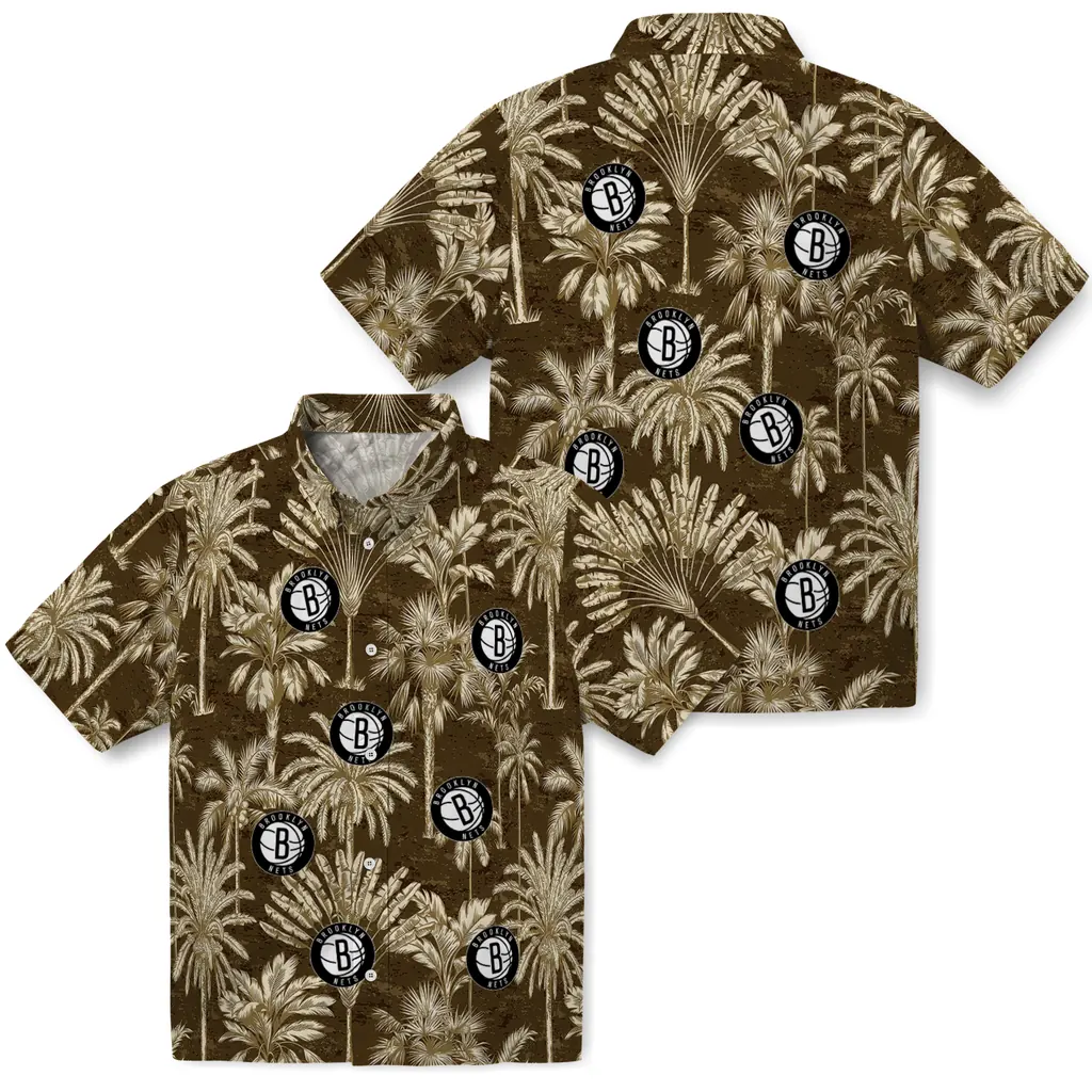 Brooklyn Nets Hawaiian Shirt - Vintage Palm Tree brooklyn nets palm shadows black hawaiian shirts high quality