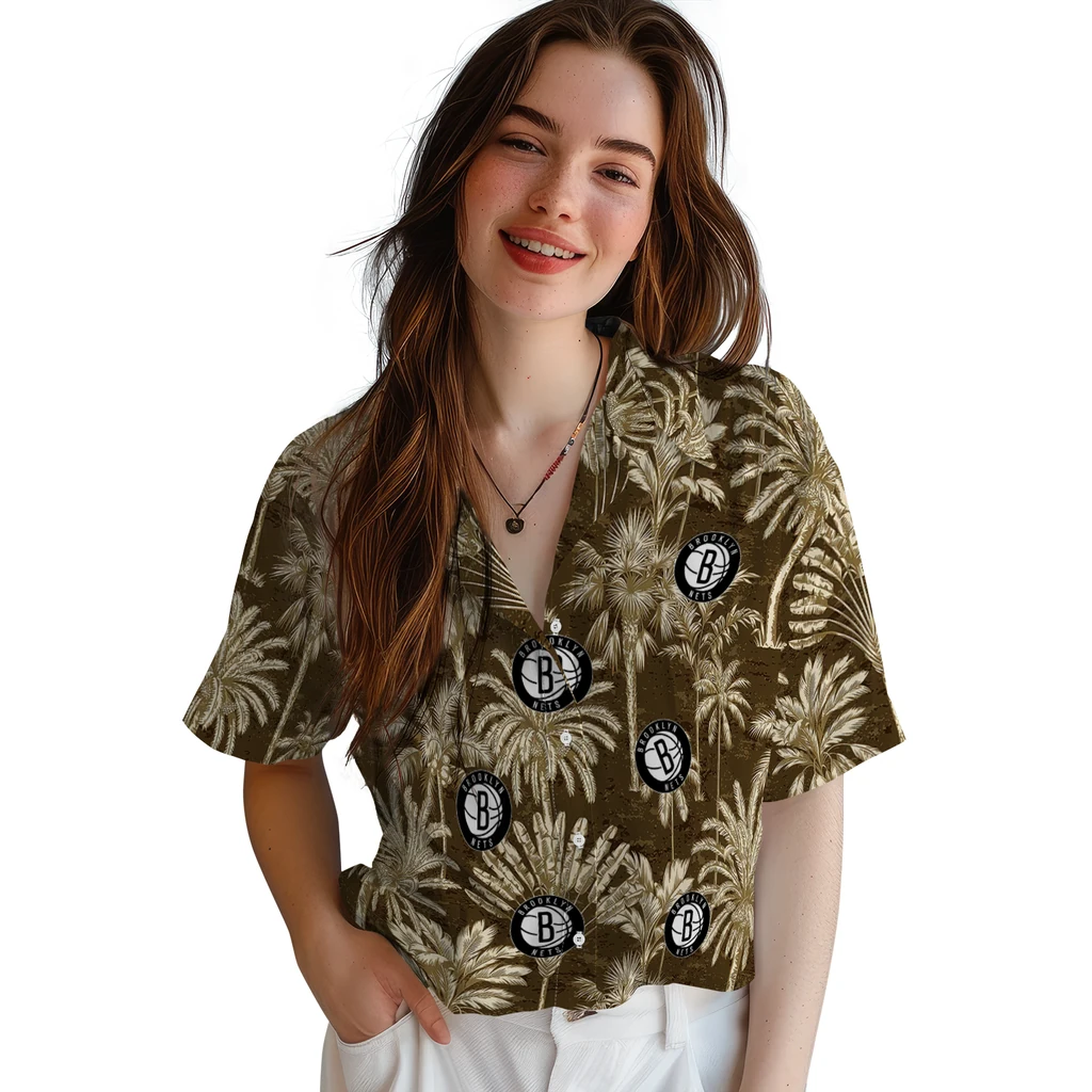 Brooklyn Nets Hawaiian Shirt - Vintage Palm Tree brooklyn nets palm shadows black hawaiian shirts latest model