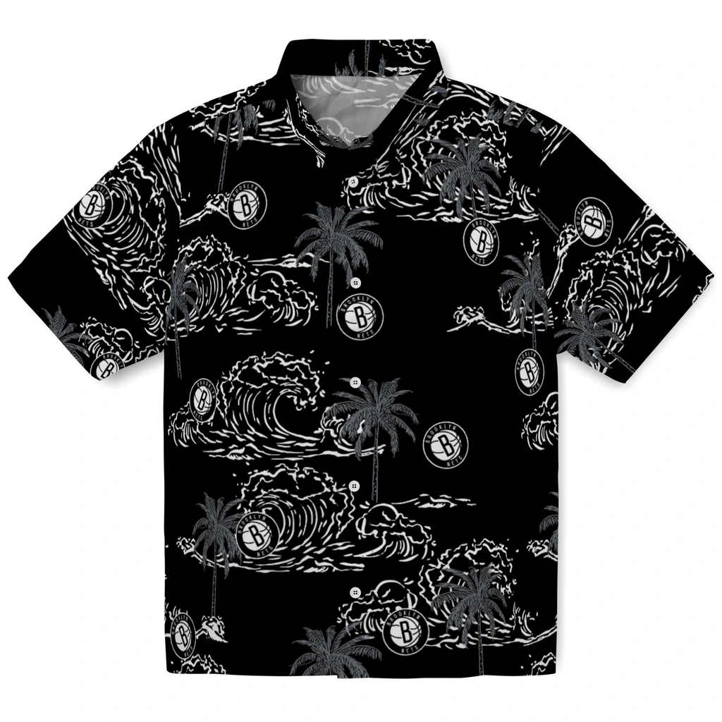 Brooklyn Nets Hawaiian Shirt - Wave Palm brooklyn nets wave palm black hawaiian shirts best selling