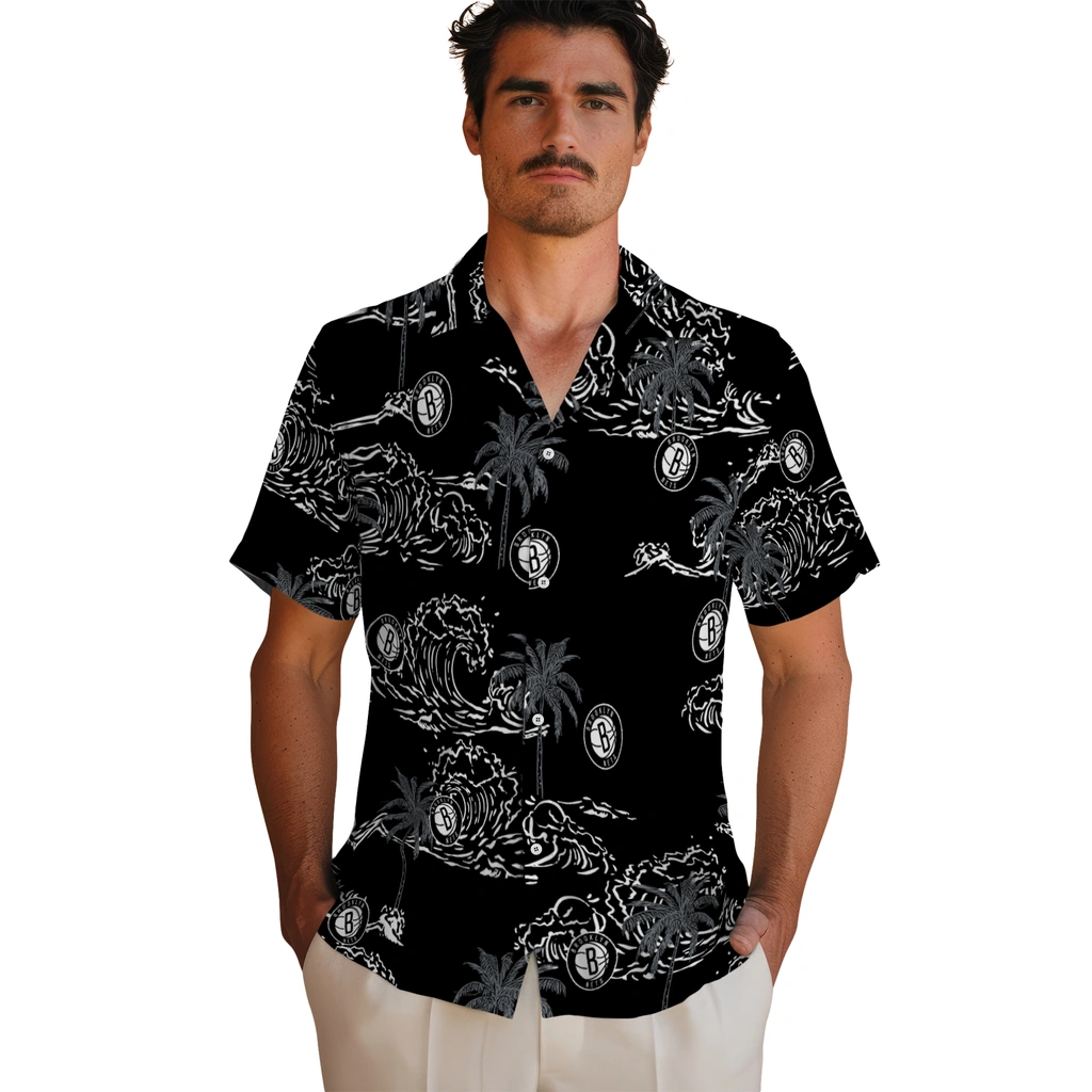 Brooklyn Nets Hawaiian Shirt - Wave Palm brooklyn nets wave palm black hawaiian shirts fashion forward