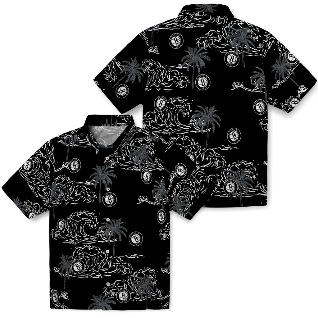 Brooklyn Nets Hawaiian Shirt - Wave Palm brooklyn nets wave palm black hawaiian shirts high quality