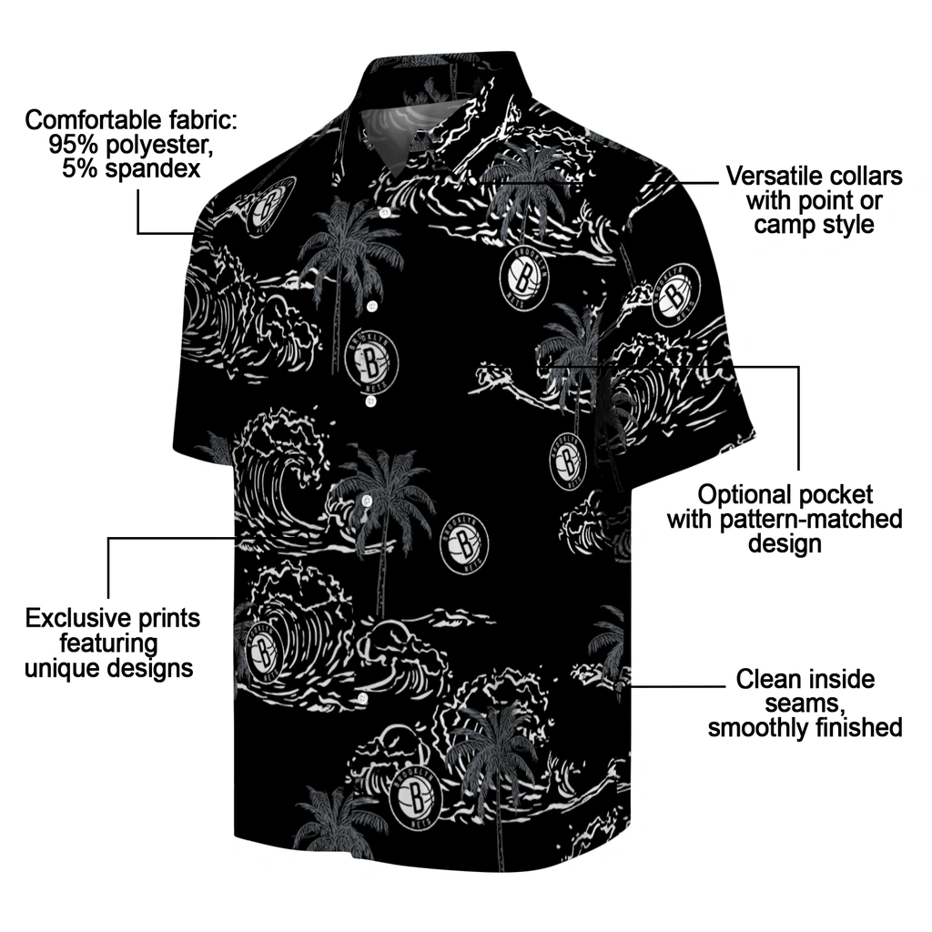 Brooklyn Nets Hawaiian Shirt - Wave Palm brooklyn nets wave palm black hawaiian shirts new arrival
