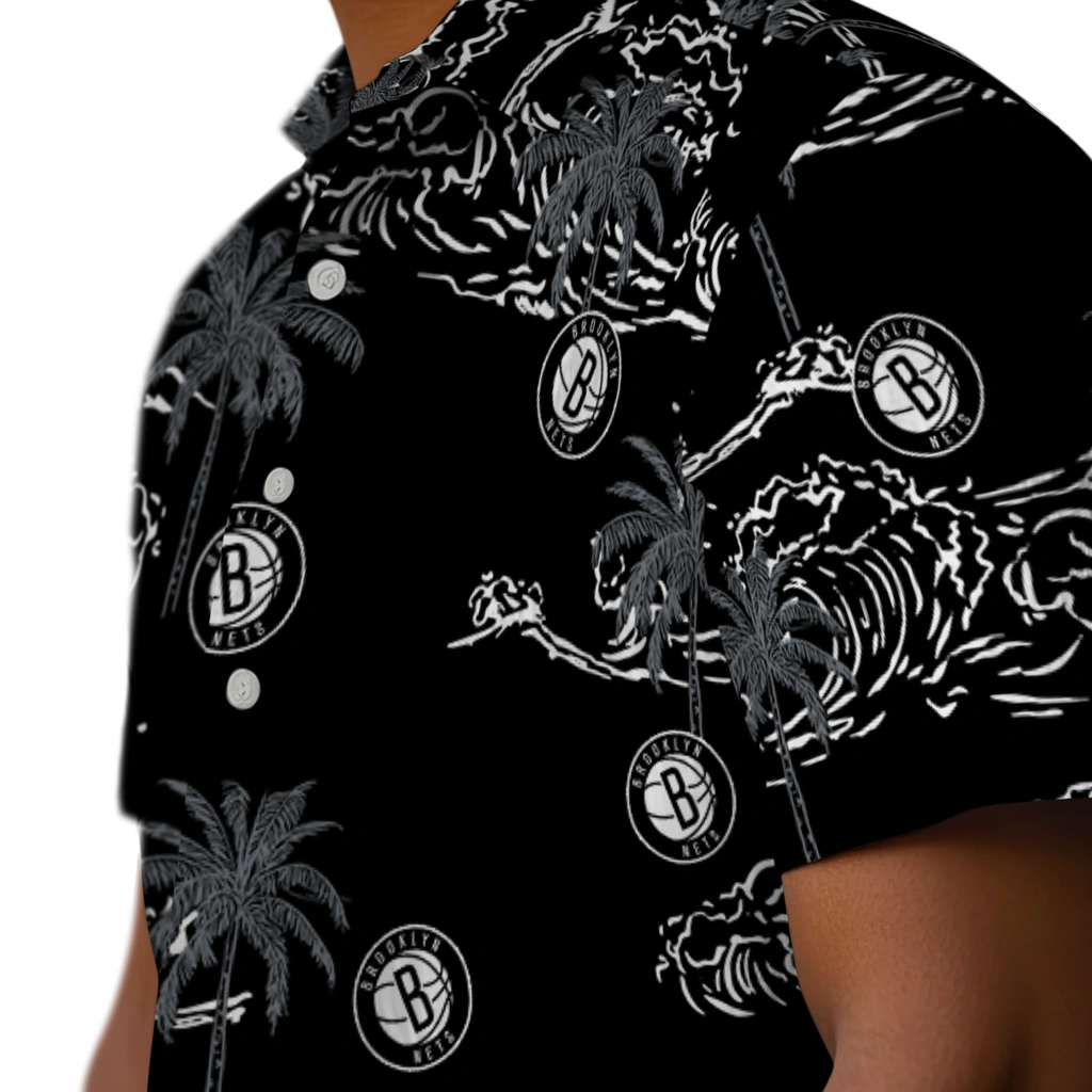 Brooklyn Nets Hawaiian Shirt - Wave Palm brooklyn nets wave palm black hawaiian shirts trendy