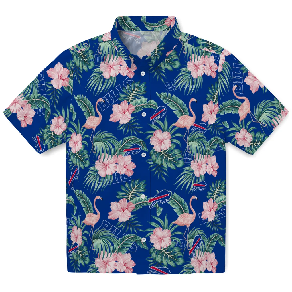Buffalo Bills Hawaiian Shirt - Flamingo and Hibiscus buffalo bills flamingo palms blue hawaiian shirts best selling