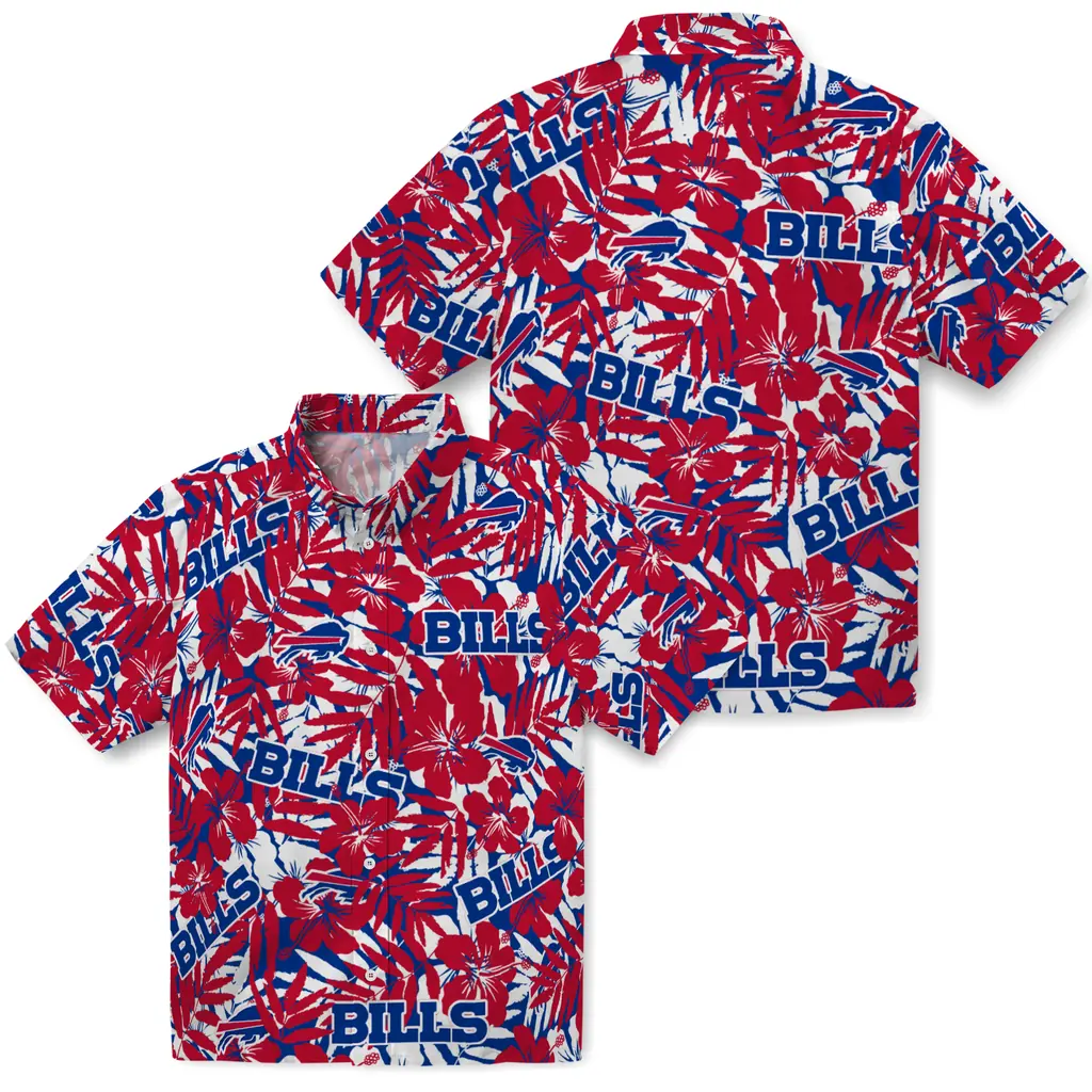 Buffalo Bills Hawaiian Shirt - Hibiscus Overlay buffalo bills hibiscus overlay hawaiian shirts high quality